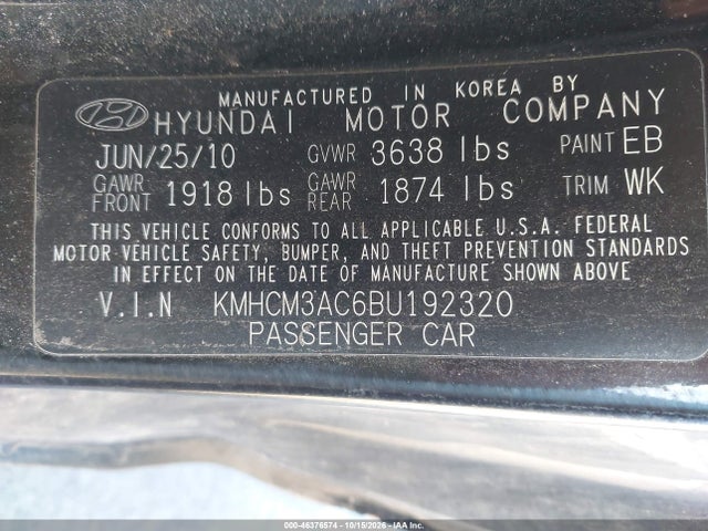 Auction sale of the 2011 Hyundai Accent Gl, vin: KMHCM3AC6BU192320, lot number: 46376574