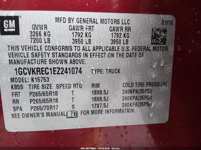 Aukcja sprzedaży 2014 Chevrolet Silverado 1500 2lt, vin: 1GCVKREC1EZ241074, numer aukcji: 46376688