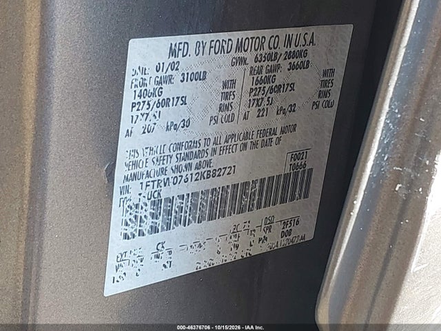 Продажа на аукционе авто 2002 Ford F-150 Lariat/xlt, vin: 1FTRW07612KB82721, номер лота: 46376706