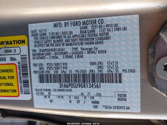 Продаж на аукціоні авто 2016 Ford Fusion Energi Titanium, vin: 3FA6P0SU9GR134561, номер лоту: 46376720