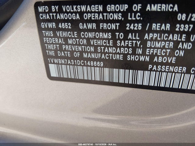 46376740 :رقم المزاد ، 1VWBN7A31DC148669 vin ، 2013 Volkswagen Passat 2.0l Tdi Se مزاد بيع