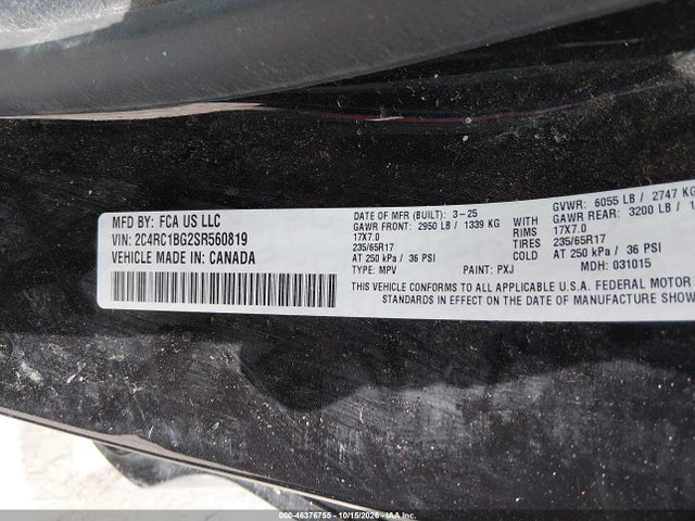 2025 Chrysler Pacifica Select მანქანა იყიდება აუქციონზე, vin: 2C4RC1BG2SR560819, აუქციონის ნომერი: 46376755