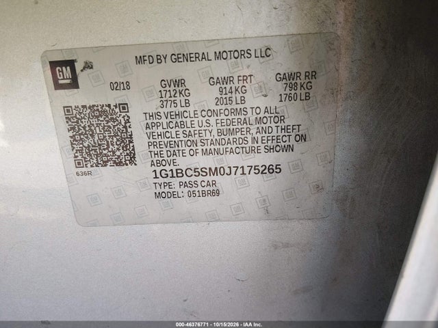 Продаж на аукціоні авто 2018 Chevrolet Cruze Ls Auto, vin: 1G1BC5SM0J7175265, номер лоту: 46376771