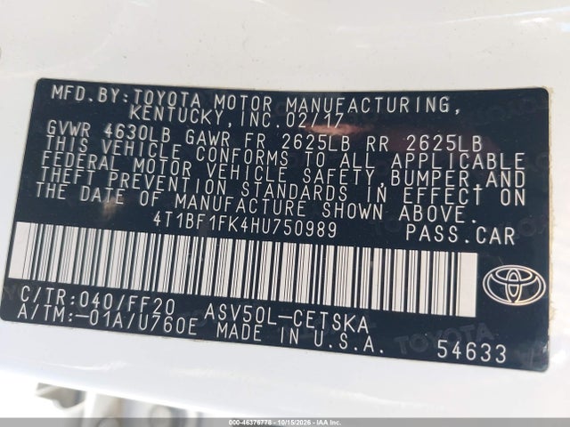 46376778 :رقم المزاد ، 4T1BF1FK4HU750989 vin ، 2017 Toyota Camry Se مزاد بيع