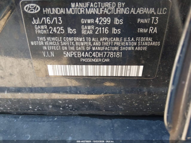 Aukcja sprzedaży 2013 Hyundai Sonata Gls, vin: 5NPEB4AC4DH778181, numer aukcji: 46376808