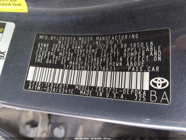2014 Toyota Corolla L მანქანა იყიდება აუქციონზე, vin: 5YFBURHEXEP016611, აუქციონის ნომერი: 46376839