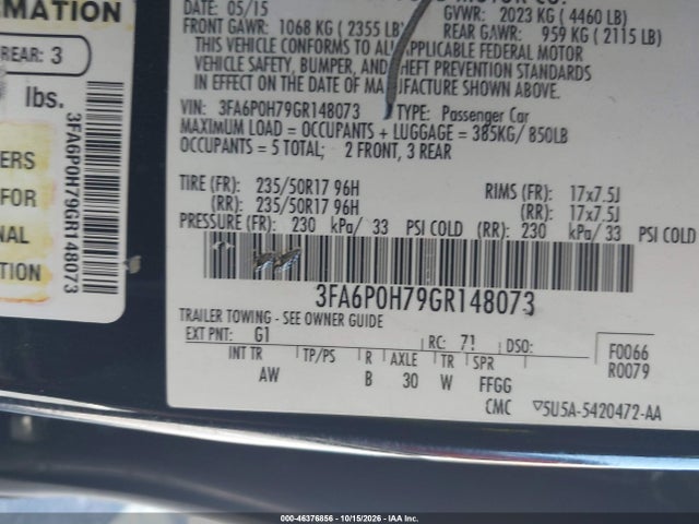 Ford FUSION SE 2016 3FA6P0H79GR148073 Image 9