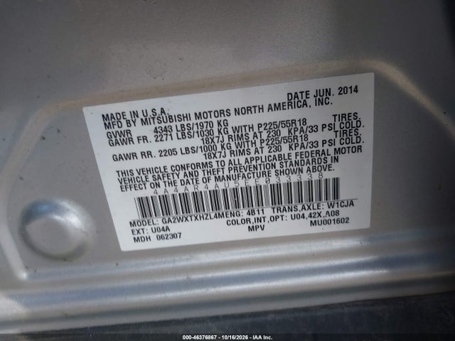 Aukcja sprzedaży 2014 Mitsubishi Outlander Sport Se, vin: 4A4AR4AU5EE033338, numer aukcji: 46376867