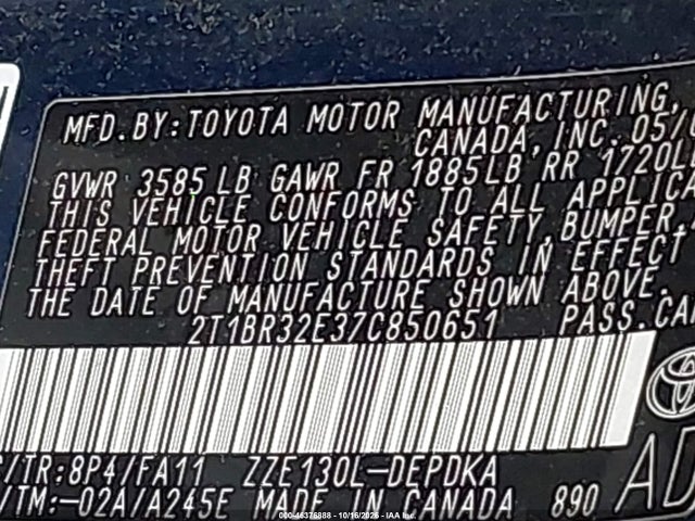 46376888 :رقم المزاد ، 2T1BR32E37C850651 vin ، 2007 Toyota Corolla Ce مزاد بيع