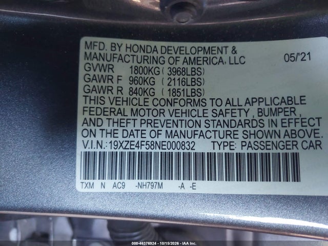 Aukcja sprzedaży 2022 Honda Insight Ex, vin: 19XZE4F58NE000832, numer aukcji: 46376924