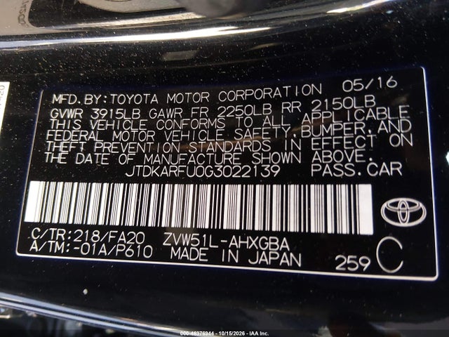 Aukcja sprzedaży 2016 Toyota Prius Three, vin: JTDKARFU0G3022139, numer aukcji: 46376944
