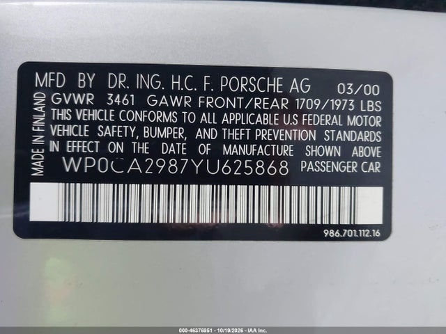 2000 Porsche Boxster მანქანა იყიდება აუქციონზე, vin: WP0CA2987YU625868, აუქციონის ნომერი: 46376951