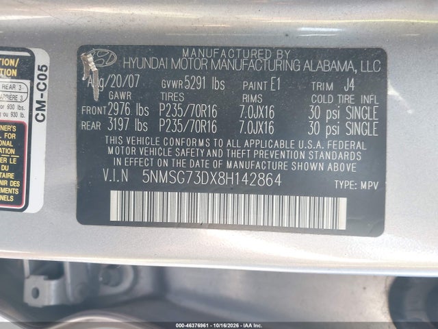 Aukcja sprzedaży 2008 Hyundai Santa Fe Gls, vin: 5NMSG73DX8H142864, numer aukcji: 46376961