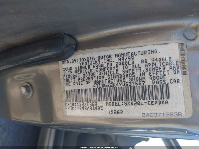 Aukcja sprzedaży 2000 Toyota Camry Ce, vin: 4T1BG22K4YU637567, numer aukcji: 46376980