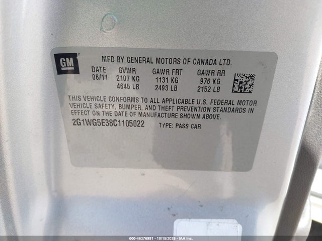 46376991 :رقم المزاد ، 2G1WG5E38C1105022 vin ، 2012 Chevrolet Impala Lt مزاد بيع