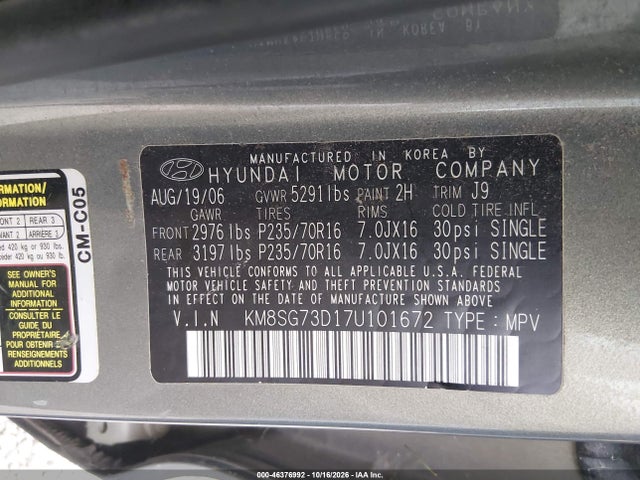 46376992 :رقم المزاد ، KM8SG73D17U101672 vin ، 2007 Hyundai Santa Fe Gls مزاد بيع