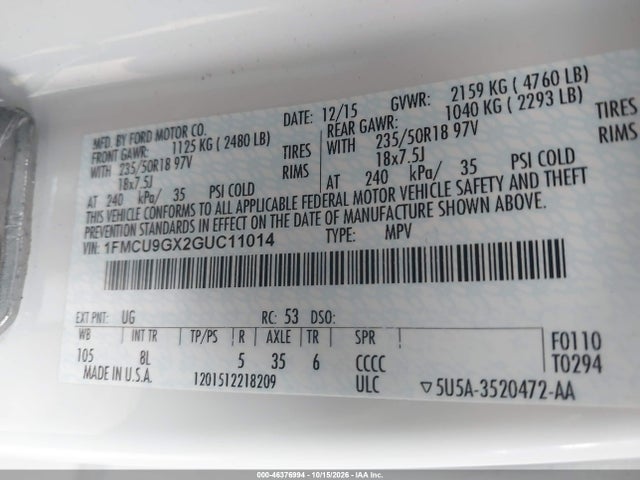 46376994 :رقم المزاد ، 1FMCU9GX2GUC11014 vin ، 2016 Ford Escape Se مزاد بيع