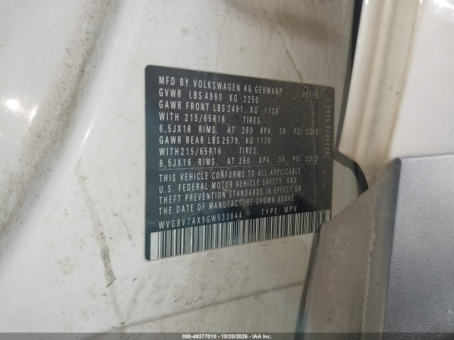 WVGBV7AX9GW533644 Volkswagen TIGUAN S