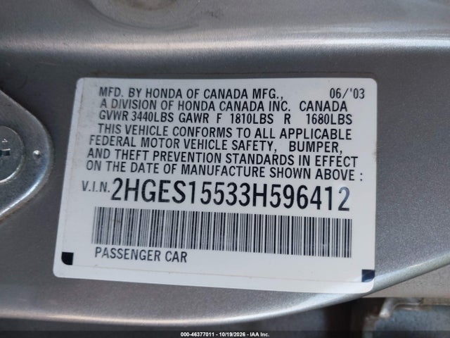 46377011 :رقم المزاد ، 2HGES15533H596412 vin ، 2003 Honda Civic Lx مزاد بيع