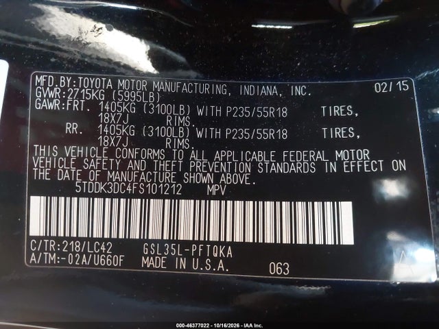 Toyota Sienna Xle 7 Passenger 2015 5TDDK3DC4FS101212 Image 9