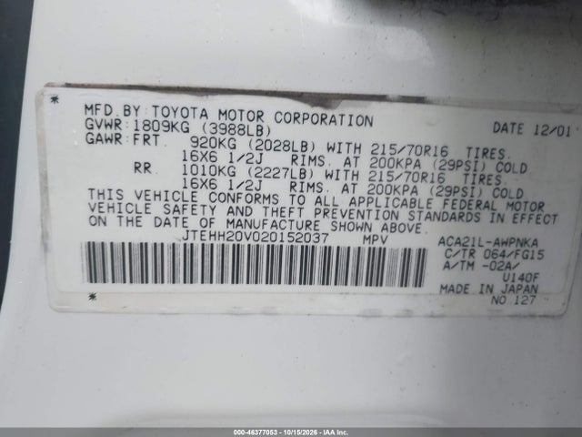 46377053 :رقم المزاد ، JTEHH20V020152037 vin ، 2002 Toyota Rav4 مزاد بيع