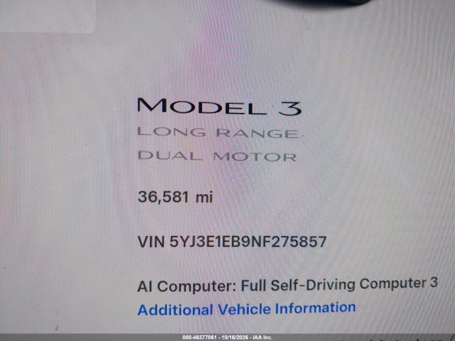 46377061 :رقم المزاد ، 5YJ3E1EB9NF275857 vin ، 2022 Tesla Model 3 Long Range Dual Motor All-wheel Drive مزاد بيع