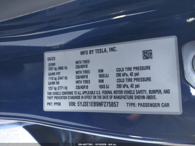 46377061 :رقم المزاد ، 5YJ3E1EB9NF275857 vin ، 2022 Tesla Model 3 Long Range Dual Motor All-wheel Drive مزاد بيع