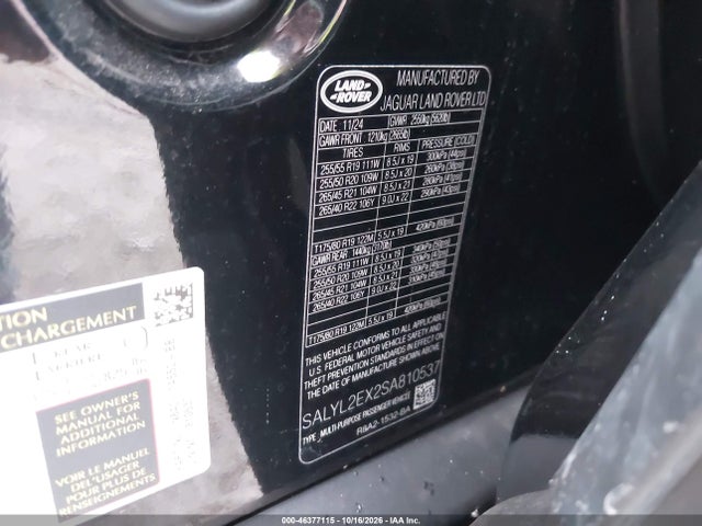 46377115 :رقم المزاد ، SALYL2EX2SA810537 vin ، 2025 Land Rover Range Rover Velar P250 Dynamic Se مزاد بيع