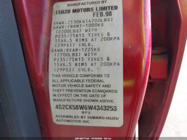 Продаж на аукціоні авто 1998 Isuzu Rodeo Ls/s, vin: 4S2CK58W6W4343253, номер лоту: 46377143