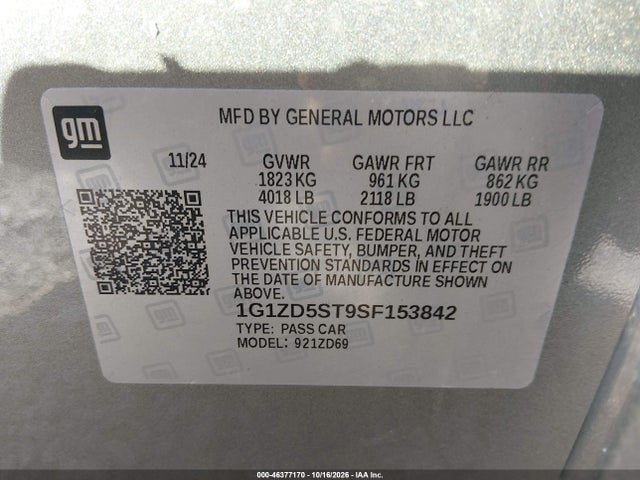 46377170 :رقم المزاد ، 1G1ZD5ST9SF153842 vin ، 2025 Chevrolet Malibu Fwd 1lt مزاد بيع