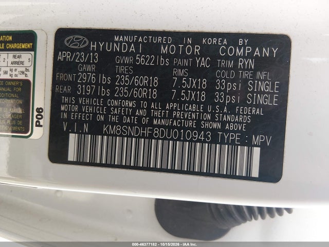 Продажа на аукционе авто 2013 Hyundai Santa Fe Gls, vin: KM8SNDHF8DU010943, номер лота: 46377182