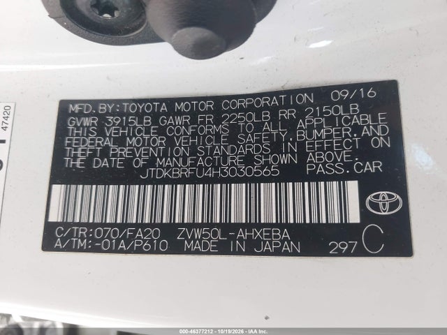 Продаж на аукціоні авто 2017 Toyota Prius Two, vin: JTDKBRFU4H3030565, номер лоту: 46377212