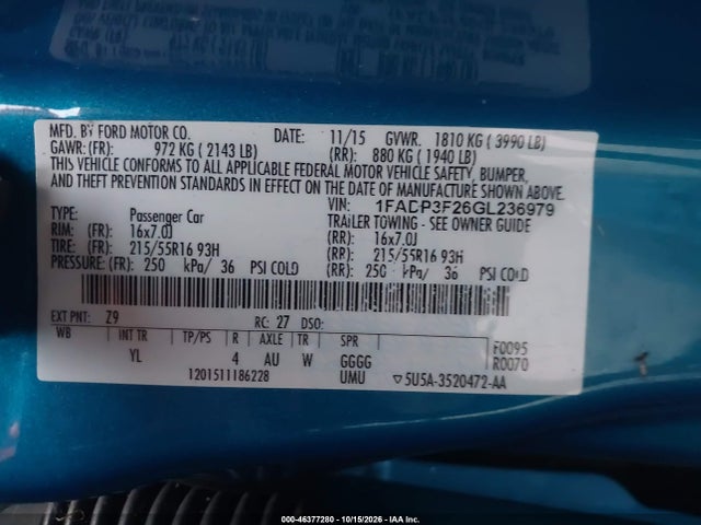 Aukcja sprzedaży 2016 Ford Focus Se, vin: 1FADP3F26GL236979, numer aukcji: 46377280
