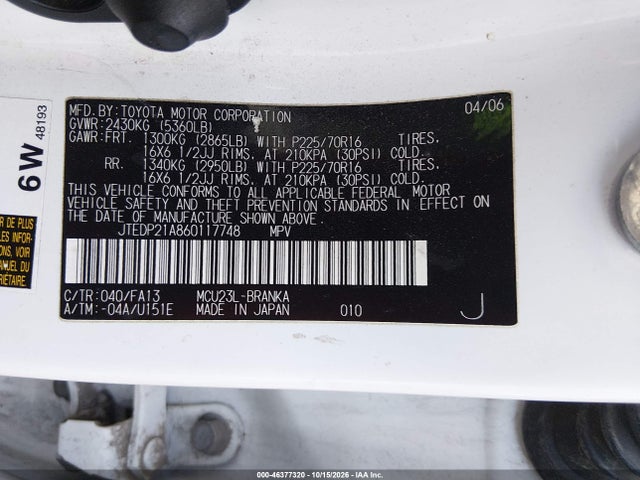 46377320 :رقم المزاد ، JTEDP21A860117748 vin ، 2006 Toyota Highlander V6 مزاد بيع