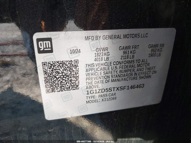Aukcja sprzedaży 2025 Chevrolet Malibu Fwd 1lt, vin: 1G1ZD5STXSF146463, numer aukcji: 46377366