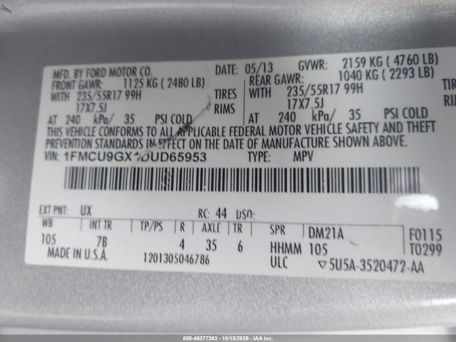 2013 Ford Escape Se მანქანა იყიდება აუქციონზე, vin: 1FMCU9GX1DUD65953, აუქციონის ნომერი: 46377393