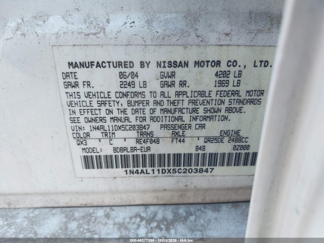 Продажа на аукционе авто 2005 Nissan Altima 2.5 S, vin: 1N4AL11DX5C203847, номер лота: 46377398