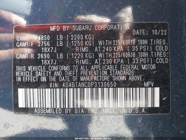 Auction sale of the 2023 Subaru Outback Limited, vin: 4S4BTANC0P3130650, lot number: 46377405