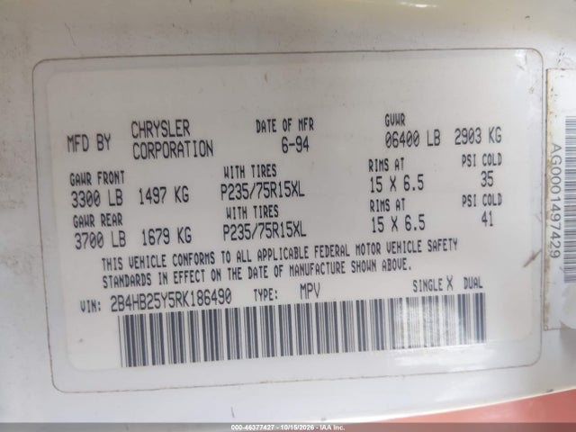 Продаж на аукціоні авто 1994 Dodge Ram Wagon B250, vin: 2B4HB25Y5RK186490, номер лоту: 46377427