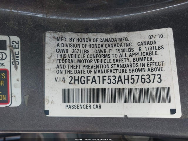 Aukcja sprzedaży 2010 Honda Civic Lx, vin: 2HGFA1F53AH576373, numer aukcji: 46377479