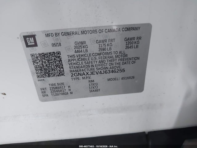 Продаж на аукціоні авто 2018 Chevrolet Equinox Lt, vin: 2GNAXJEV4J6346255, номер лоту: 46377483