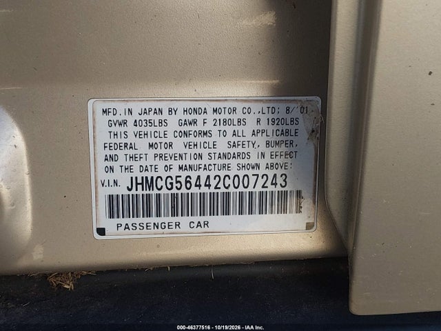 Продаж на аукціоні авто 2002 Honda Accord 2.3 Lx, vin: JHMCG56442C007243, номер лоту: 46377516