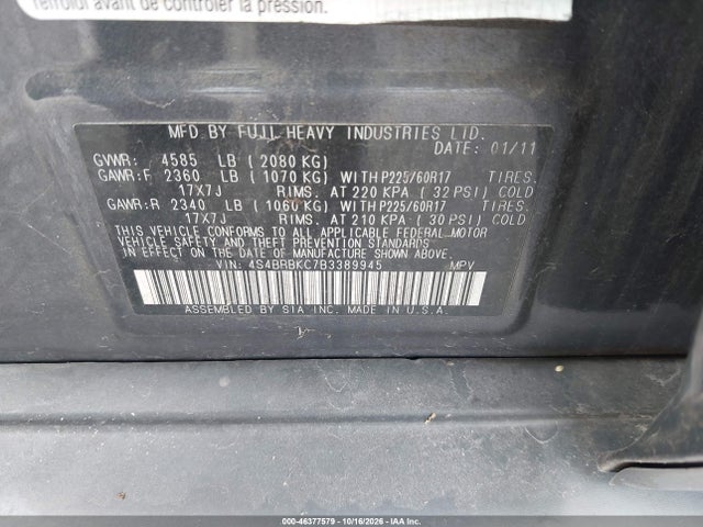 Aukcja sprzedaży 2011 Subaru Outback 2.5i Limited, vin: 4S4BRBKC7B3389945, numer aukcji: 46377579