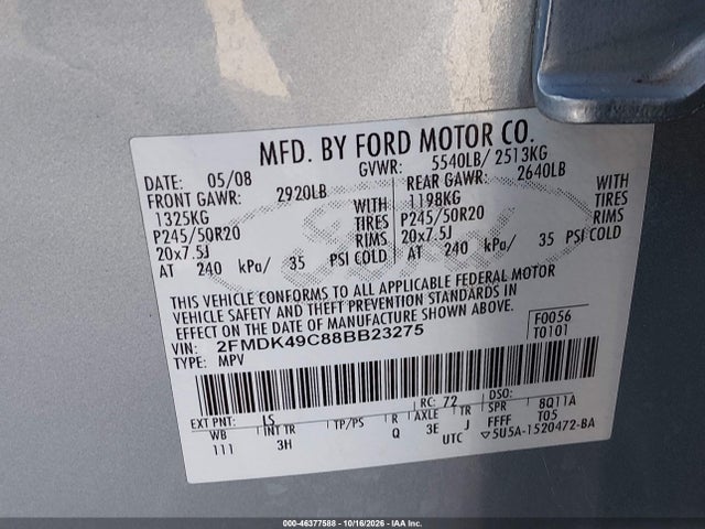 Продаж на аукціоні авто 2008 Ford Edge Limited, vin: 2FMDK49C88BB23275, номер лоту: 46377588