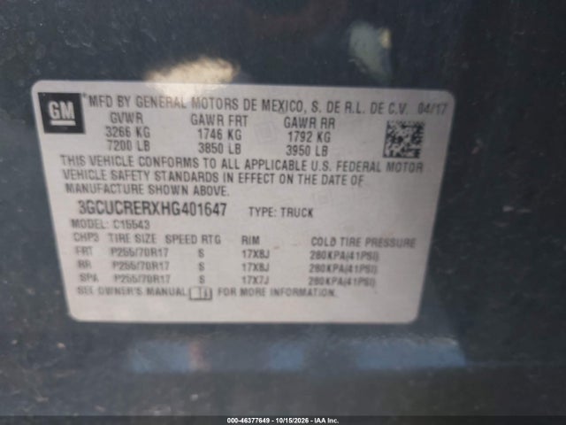 Aukcja sprzedaży 2017 Chevrolet Silverado 1500 1lt, vin: 3GCUCRERXHG401647, numer aukcji: 46377649