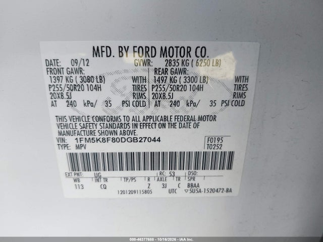 Aukcja sprzedaży 2013 Ford Explorer Limited, vin: 1FM5K8F80DGB27044, numer aukcji: 46377688