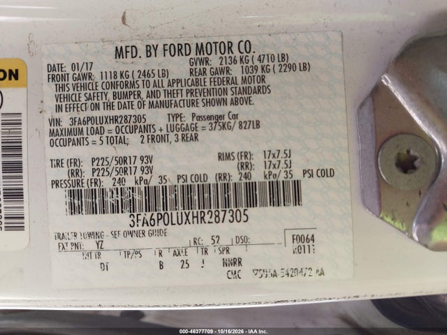 Auction sale of the 2017 Ford Fusion Hybrid Se, vin: 3FA6P0LUXHR287305, lot number: 46377709