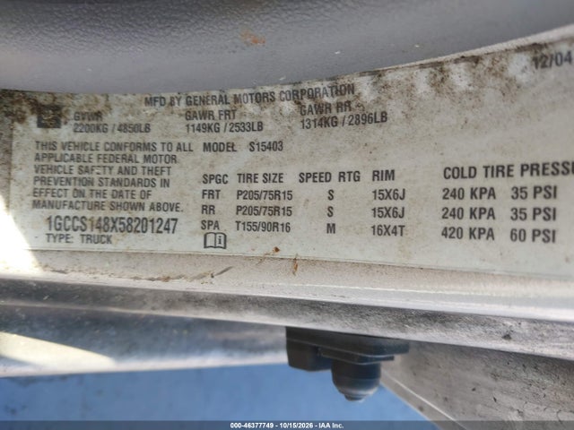 Aukcja sprzedaży 2005 Chevrolet Colorado, vin: 1GCCS148X58201247, numer aukcji: 46377749