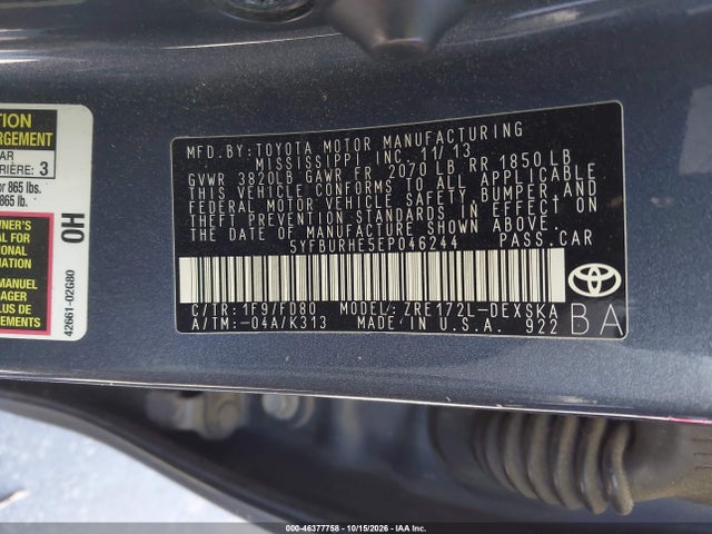 46377758 :رقم المزاد ، 5YFBURHE5EP046244 vin ، 2014 Toyota Corolla S Plus مزاد بيع