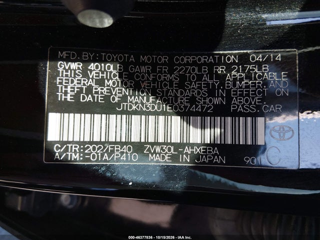 JTDKN3DU1E0374472 Toyota Prius Three
